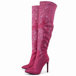 Fire Hot Pink & Silver Rhinestone Flame Detail Sexy OTK Thigh Boots